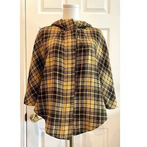 Yello & Brown Plaid Hooded Poncho Jacket with Wide Open Sleeves M/L